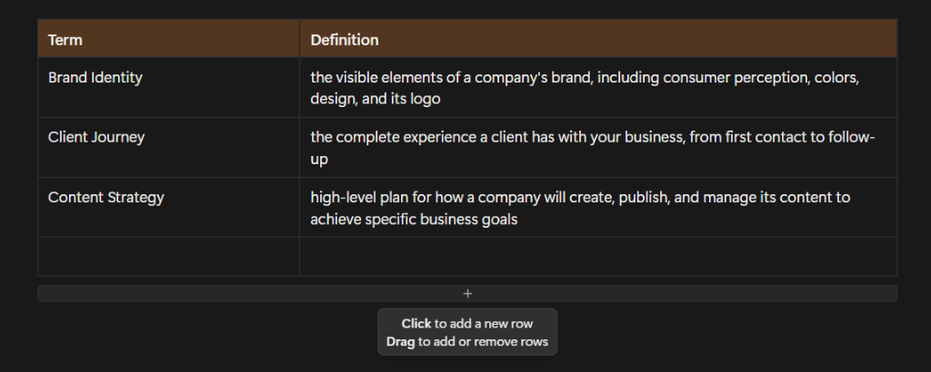 Screenshot of a Table in Notion