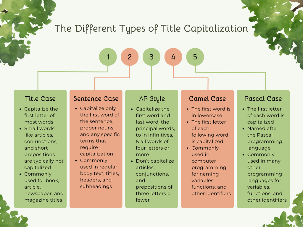 Infographic titled "The Different Types of Title Capitalization". The types being: Title Case, Sentence Case, AP Style, Camel Case, and Pascal Case.