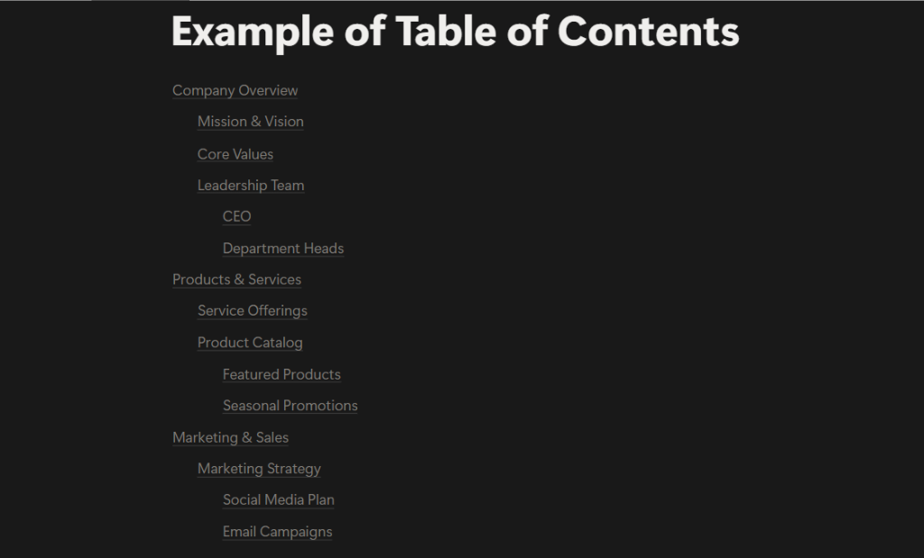 Screenshot of a Table of Contents Block in Notion