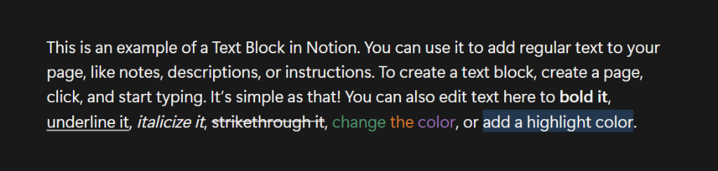 Screenshot of an example of a Notion text block
