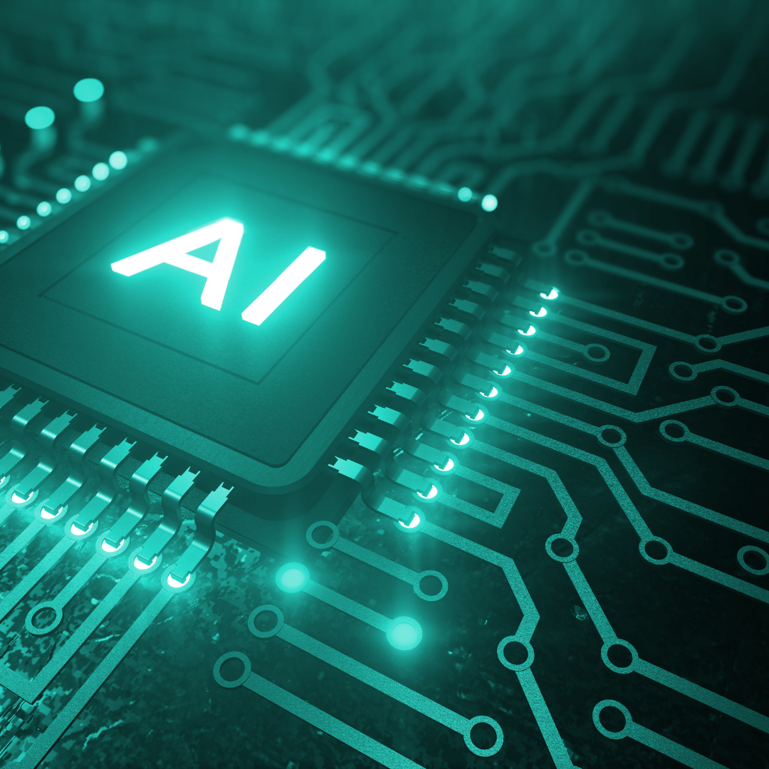 Close-up of a computer chip with a glowing 'AI' label, representing artificial intelligence technology.