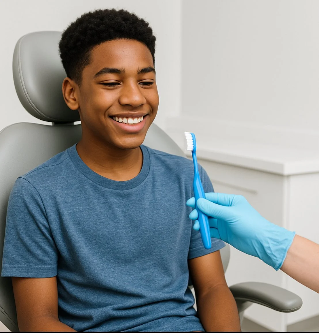 A young boy sitting in a dentist chair, smiling, with a dentist's gloved hand holding a toothbrush near his face.
