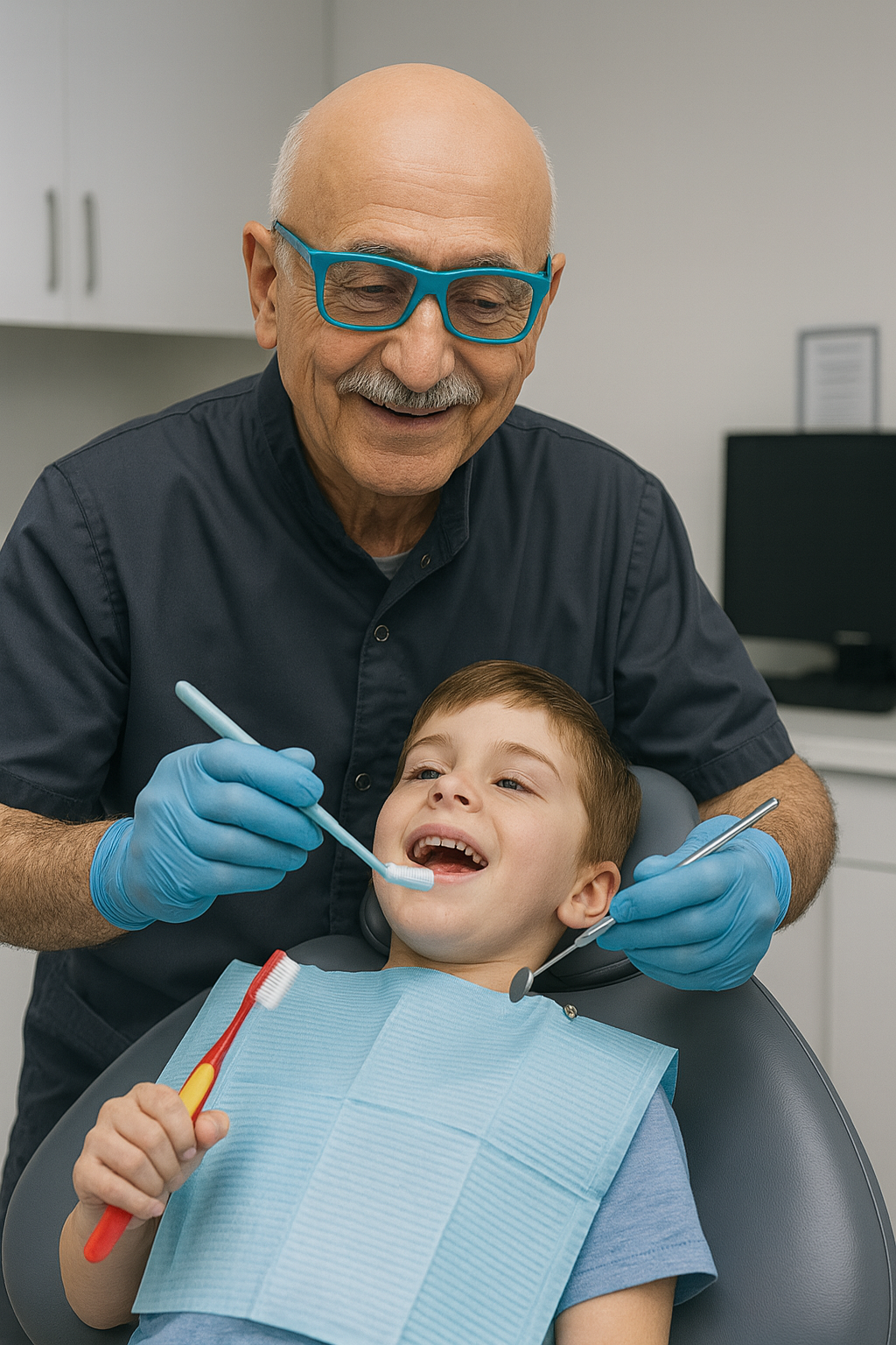 A young boy sitting in a dental chair smiling as a dentist cleans his teeth, holding a toothbrush, with the dentist smiling and wearing glasses and gloves in a dental office.
