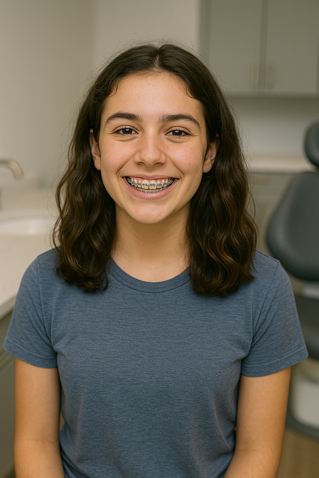 A young girl with braces smiling, wearing a blue t-shirt, seated in a dental office.