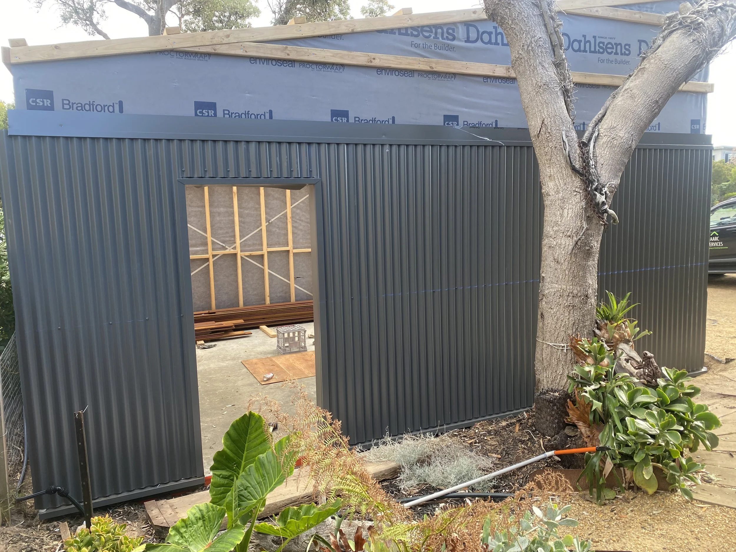 A house under construction with black metal siding, with a wooden frame visible in the doorway. There is a large tree to the right of the house, and various plants and shrubs in the foreground. The roof is partially covered with a blue weather-resist