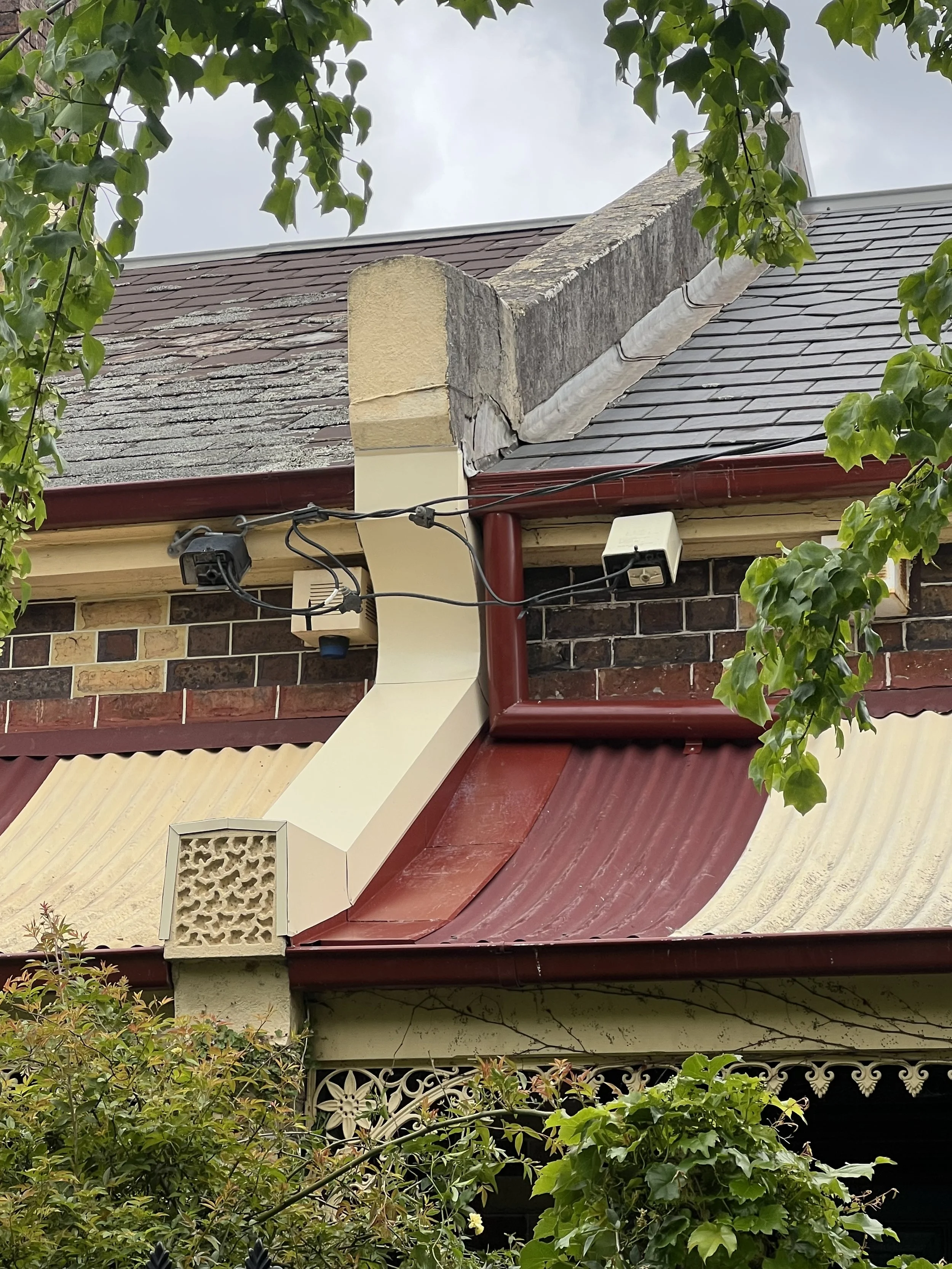 Close-up of a house roof showing the intersection of different shingles and gutters, with some greenery in the foreground and trees in the background.