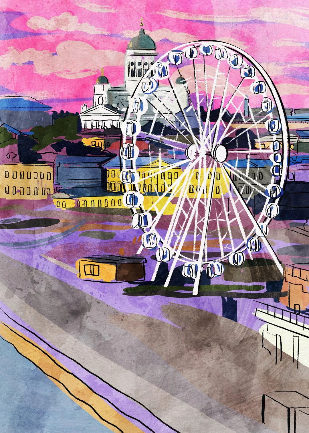 Digital watercolor of a cityscape featuring a Ferris wheel, historic buildings, and a colorful sky at sunset.