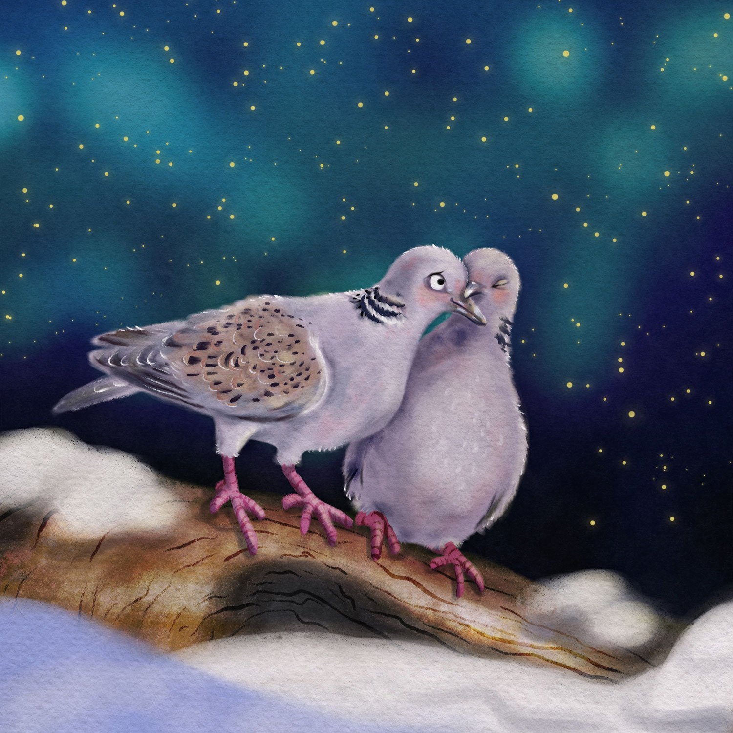Two cartoon-style pigeons sitting on a tree branch under a starry night sky, with animated facial expressions.