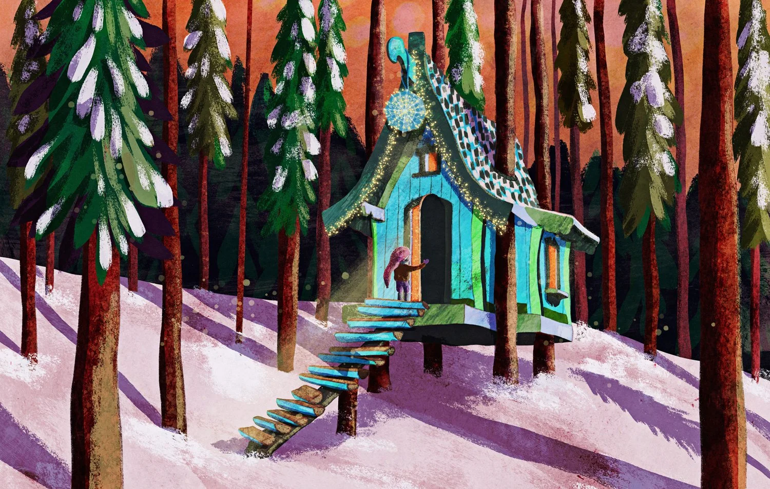 A colorful, stylized illustration of an elf standing on the steps of a decorated treehouse in a snowy forest. The treehouse is painted in bright colors with string lights, and the background features tall pine trees against an orange-pink sky.