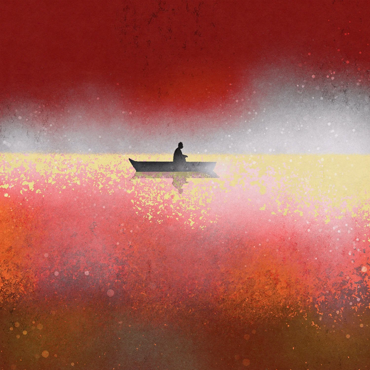 A person in a boat on calm water during sunset, with a colorful sky of red, pink, and orange hues reflected in the water.