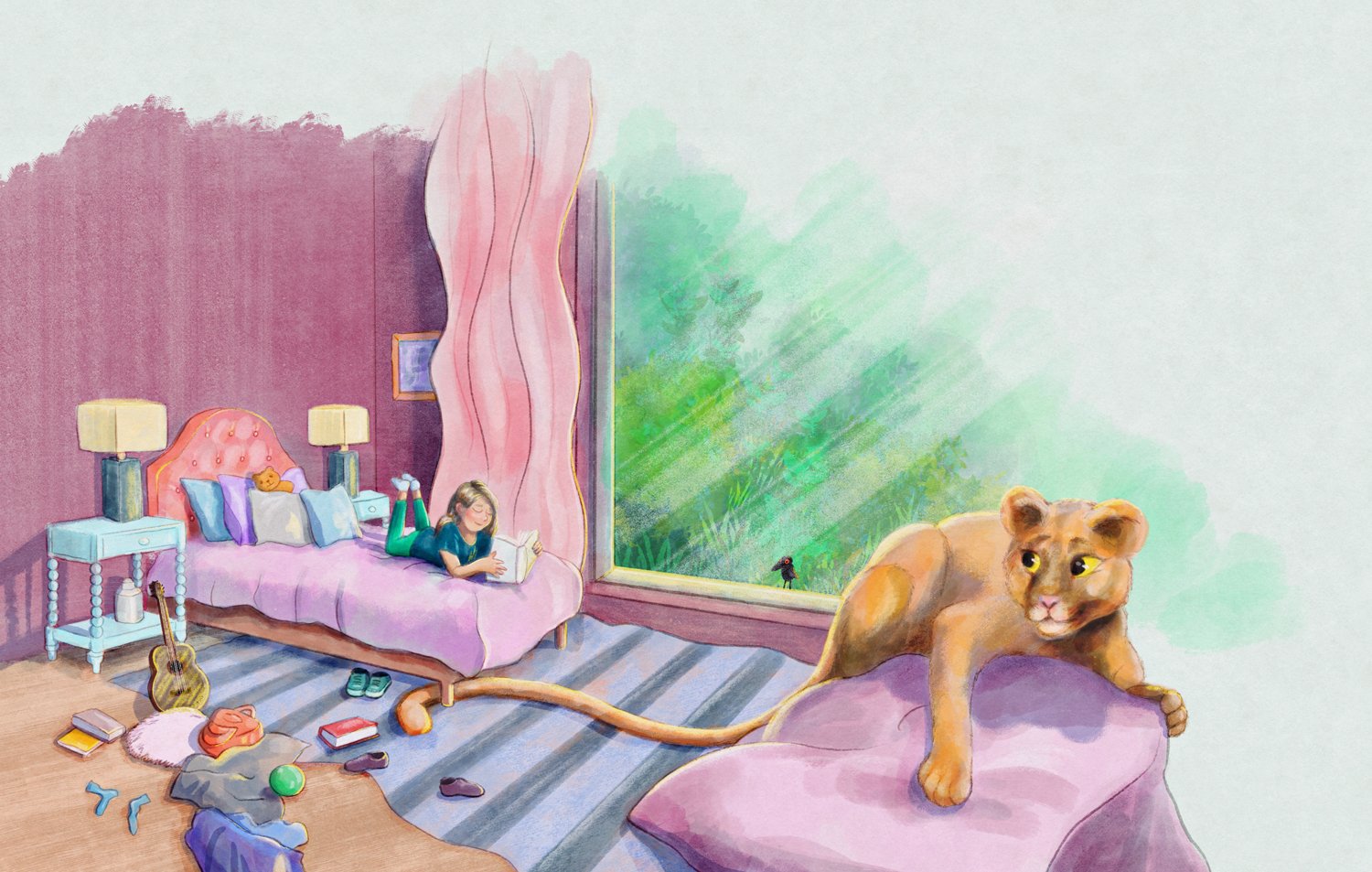 Child lying on a pink bed reading a book, with a lion cub lying on a pink pillow nearby, in a colorful bedroom with a big window showing green trees outside, and cluttered floor with books, clothes, and toys.