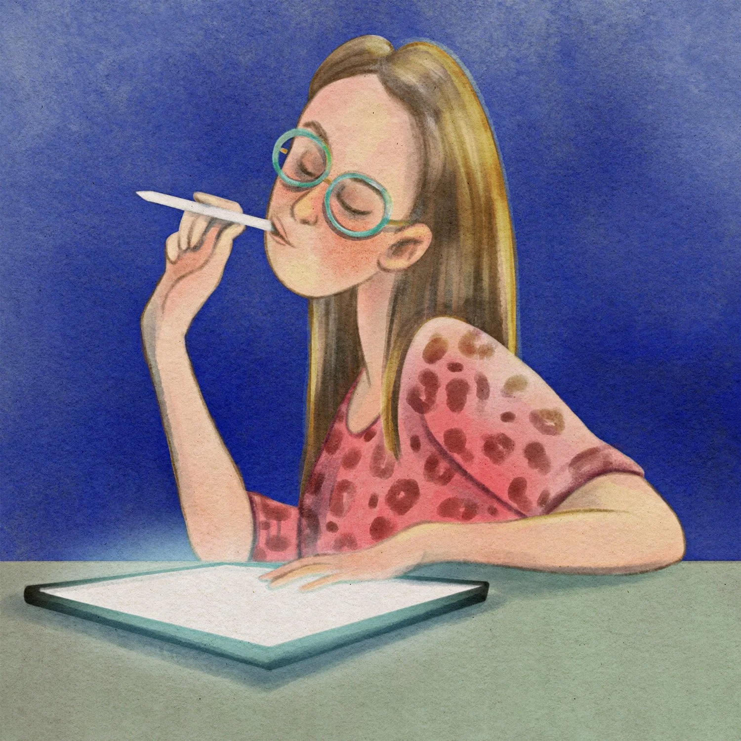 An illustration of a woman with long hair, wearing glasses, sitting at a table, holding a pen, with a paper in front of her, against a blue background.