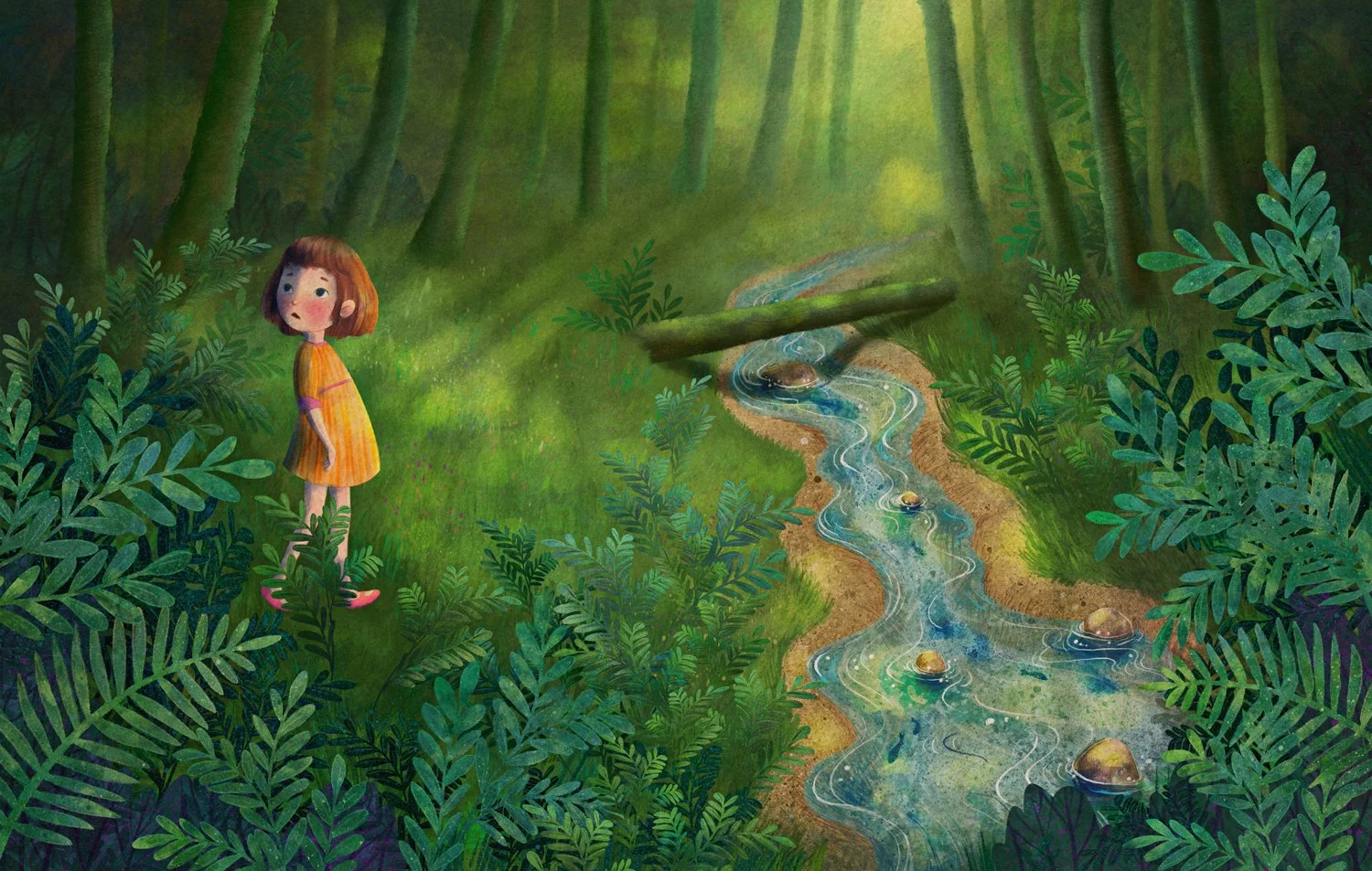 A girl in a yellow and orange striped dress standing in a lush green forest near a small creek, surrounded by green foliage and trees, with soft sunlight filtering through the canopy.