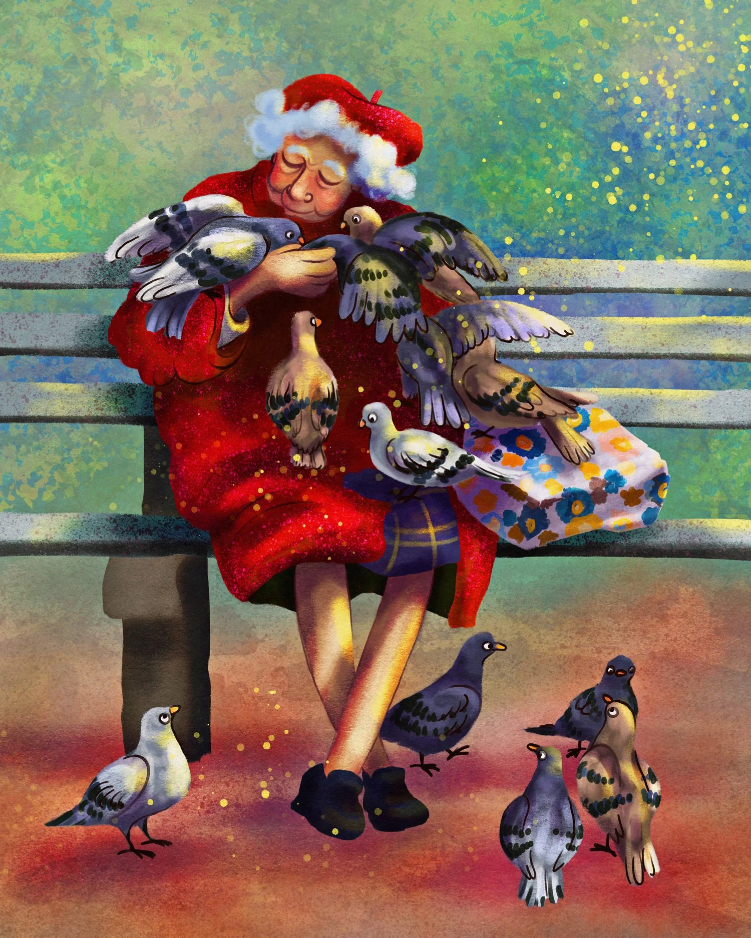 A woman wearing a hat and red coat sitting on a bench, surrounded by pigeons. Some pigeons are on her lap, others are on the bench or on the ground, with a colorful, textured background.