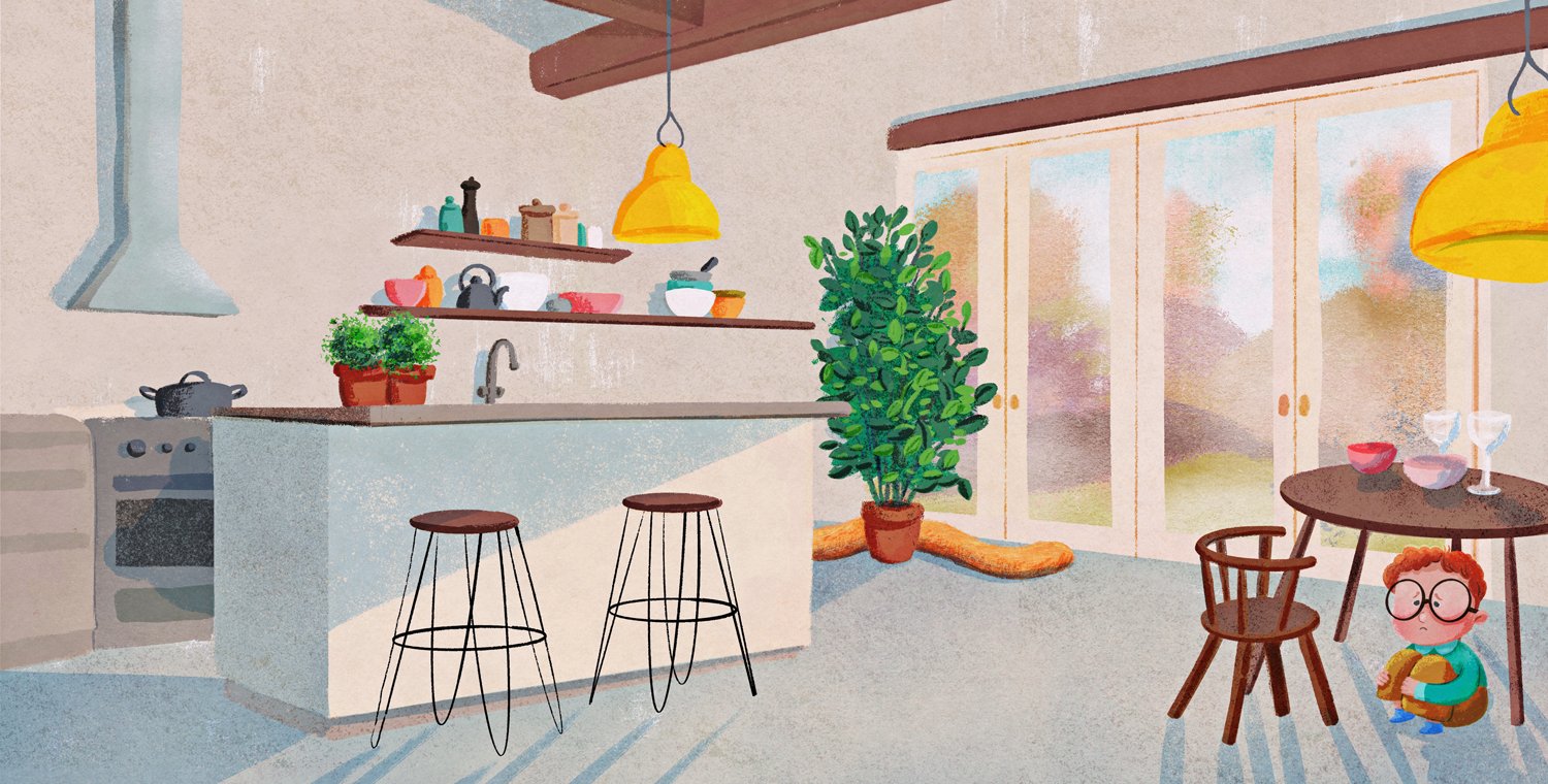 An illustrated kitchen with a white island, two bar stools, a stove with a vent hood, open shelves with dishes and a teapot, large potted plant, glass sliding doors, a round table with bowls and glasses, and a child sitting on the floor.