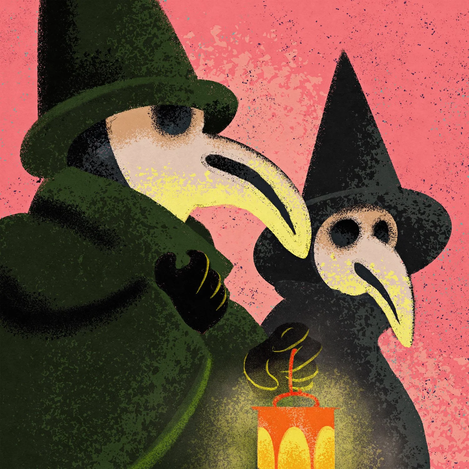 Two characters dressed as plague doctors with bird-like masks and dark robes, one holding a lit candle against a pink speckled background.