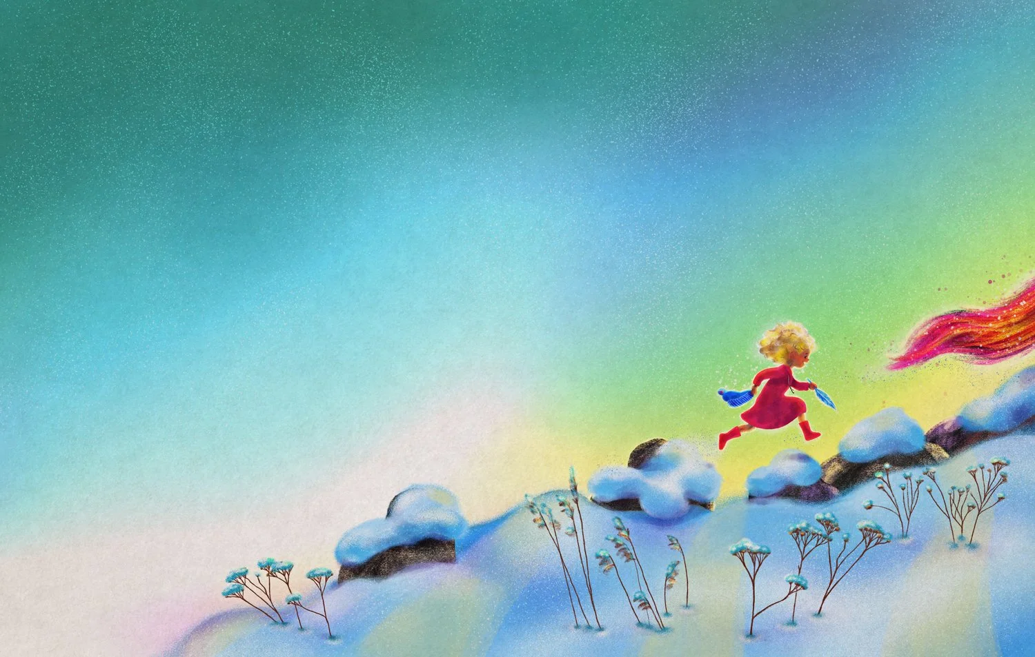 A colorful illustration of a young girl with curly blonde hair, wearing a red dress and red boots, skipping over snow-covered rocks with small trees and plants along the snowy hill. There is a rainbow-colored sky in the background.