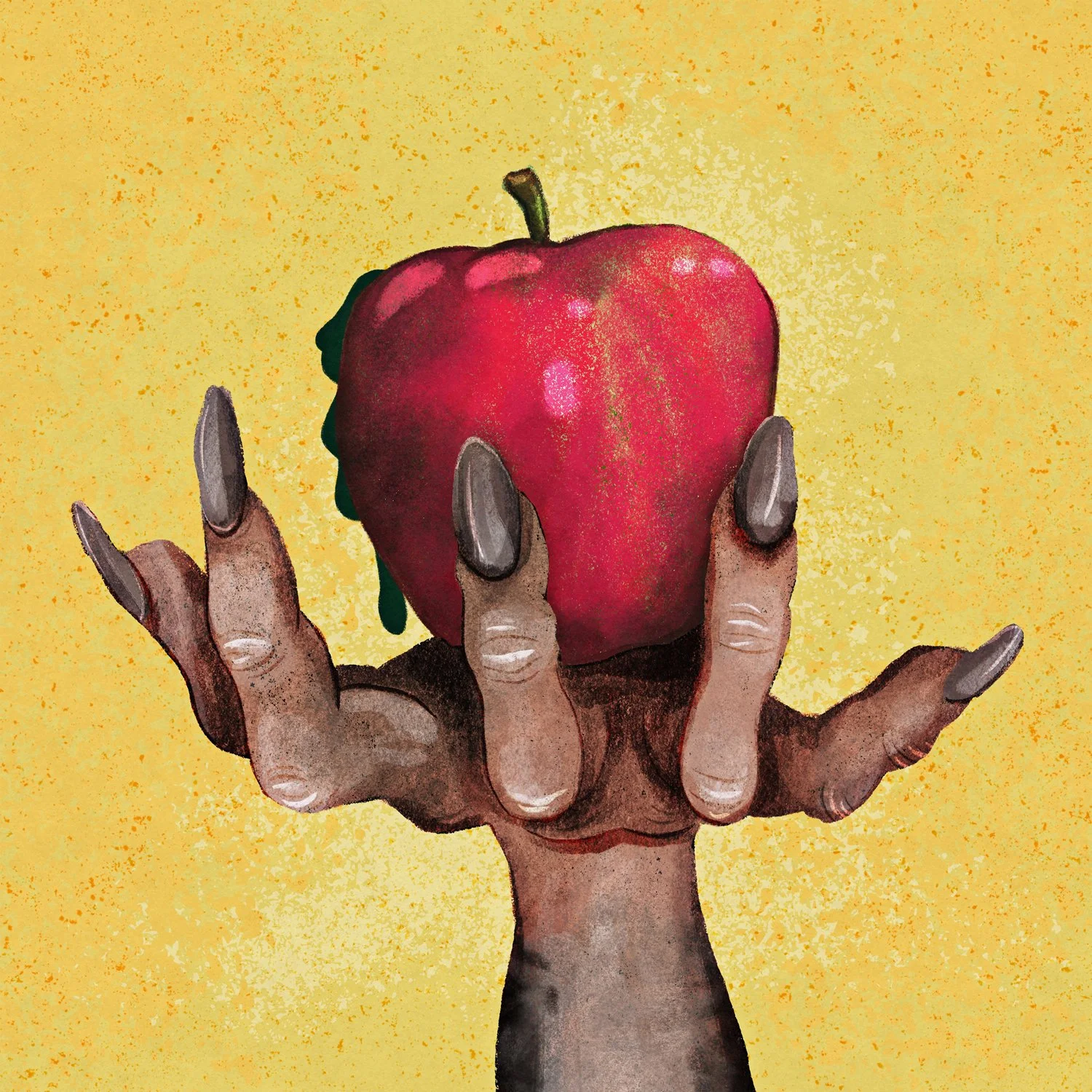 A hand with long, pointed nails holding a red, poisonous apple against a yellow background.