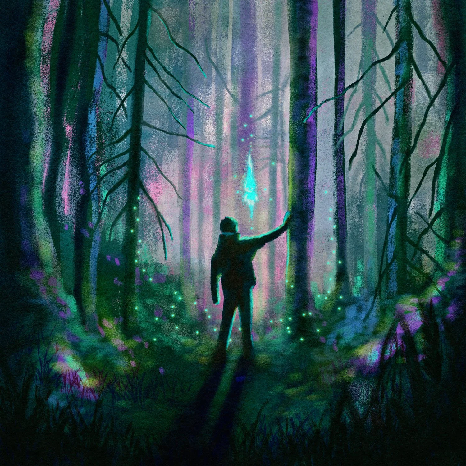 A person standing in a glowing, mystical forest with tall trees, reaching out to a floating, glowing orb or spirit in the air."