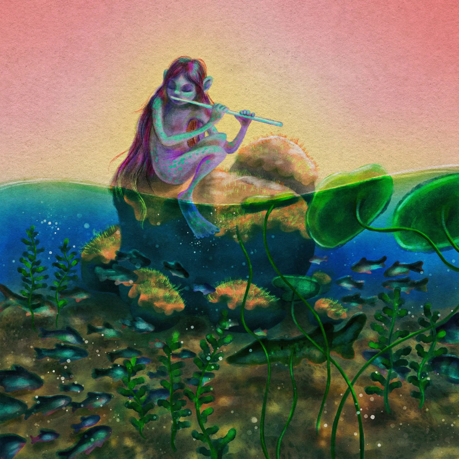 A fantastical illustration of a nixie or a water spirit playing a flute on a small island with colorful coral, seaweed, and fish beneath the water, and a pastel sky above.