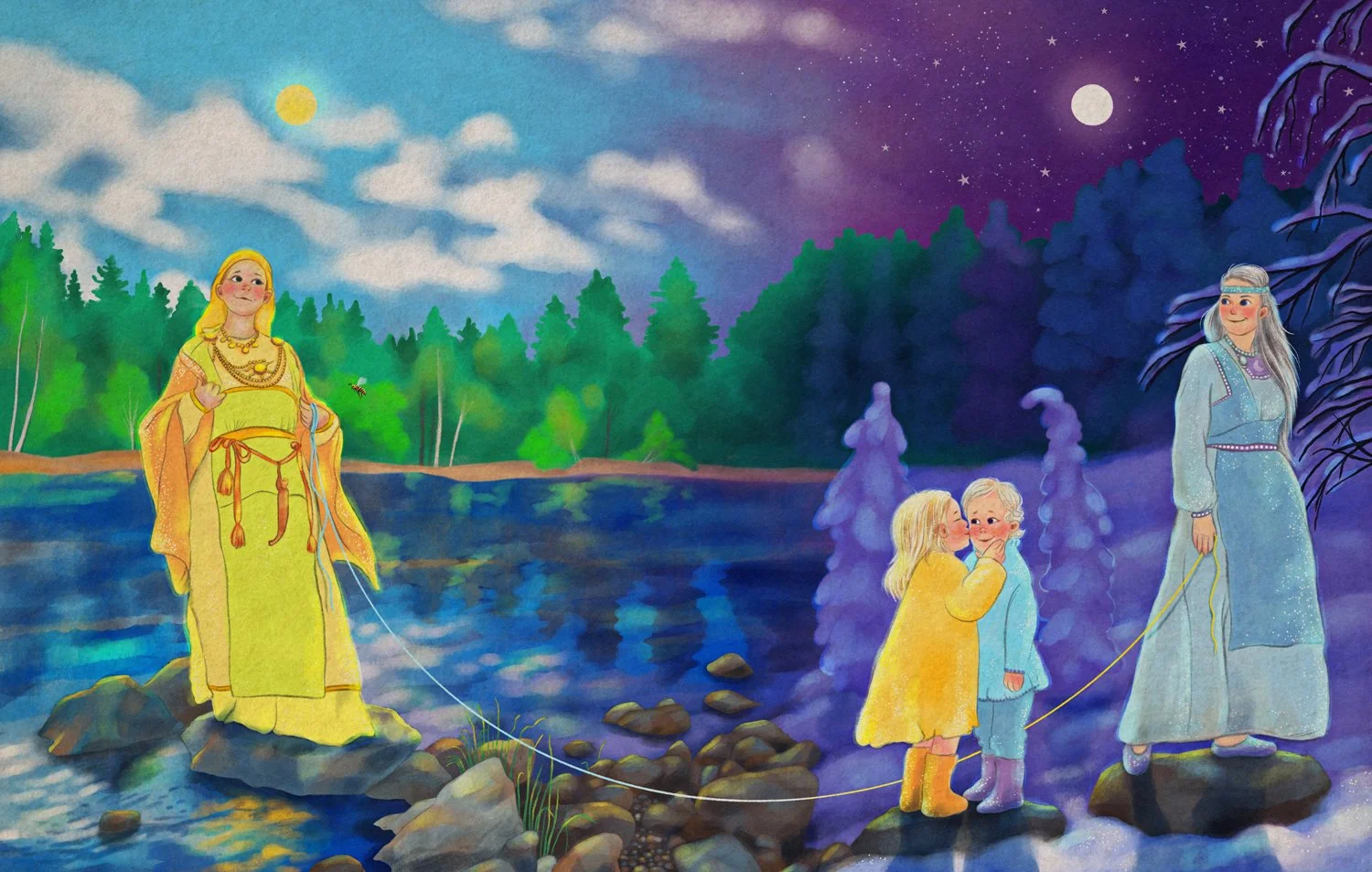 Illustration of a fairy tale scene with two women and two girls standing on rocks by a river at night. One woman, dressed in yellow with jewelry, stands to the left on a rock, and the other woman, dressed in a sparkly blue dress, stands to the right 