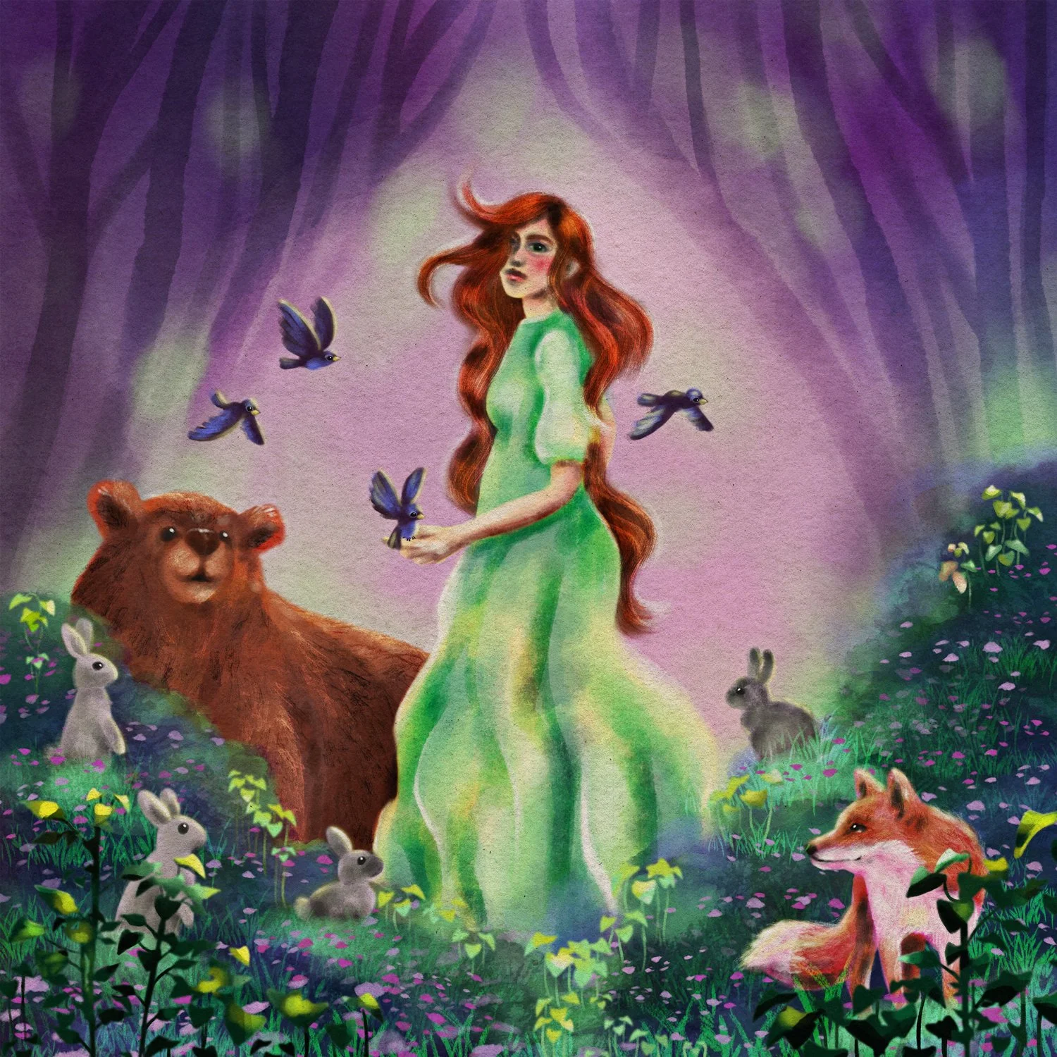 Anime-style scene of a woman with long red hair in a flowing green dress, surrounded by animals including rabbits, a fox, a bear, and butterflies, set in a mystical forest with purple and green foliage.