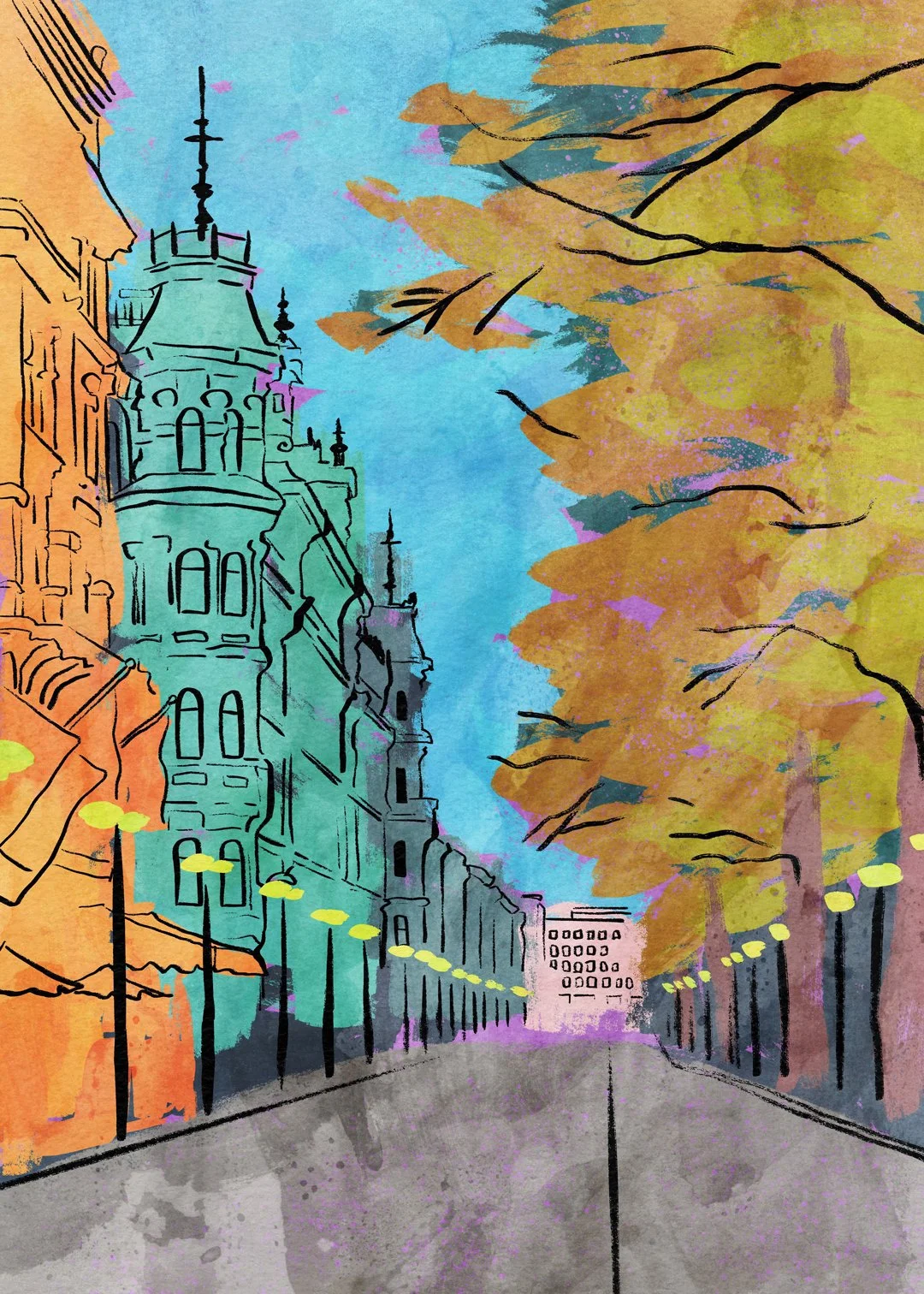 Colorful illustration of a city street with ornate buildings on the left, autumn trees on the right, streetlights, and a bright blue sky.