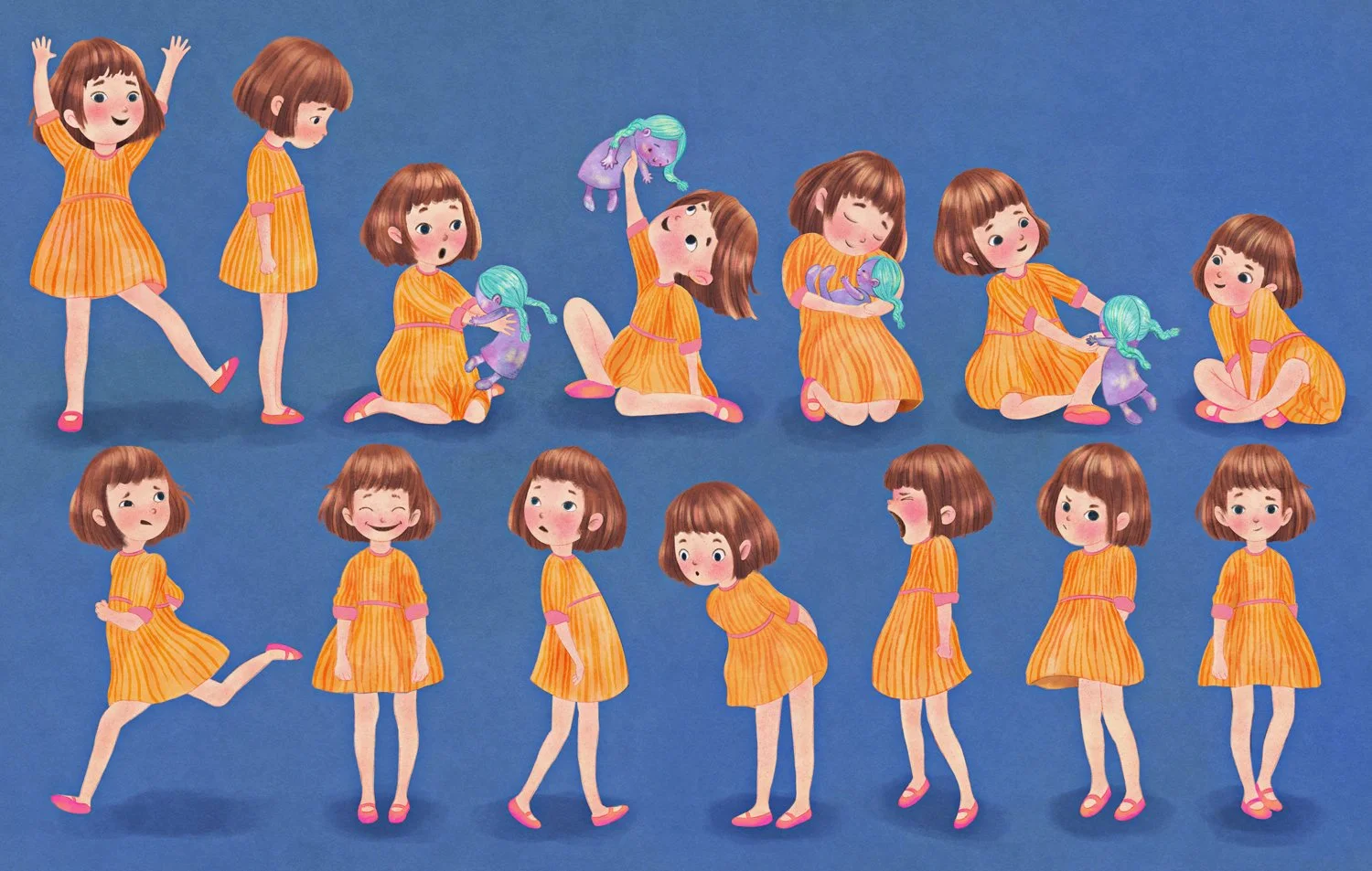 Illustration of a girl with short brown hair in various poses and expressions, wearing an orange striped dress with pink shoes, demonstrating different emotions and activities.