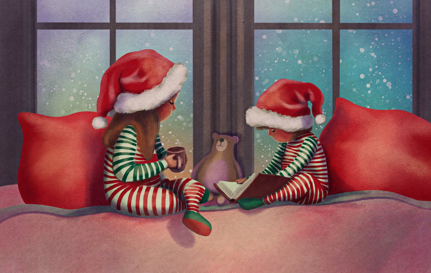 Two children wearing Santa hats and Christmas pajamas sitting on a bed by a window during snowfall, with a teddy bear between them; one child holds a mug, and the other is reading a book.