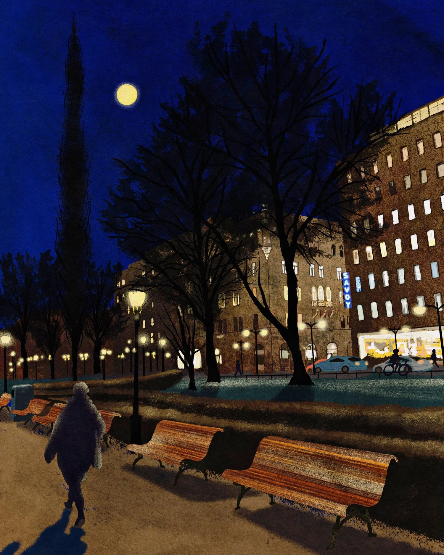 Night scene of an urban park with leafless trees, benches, street lamps, and a person walking, with a building and cars in the background under a full moon.