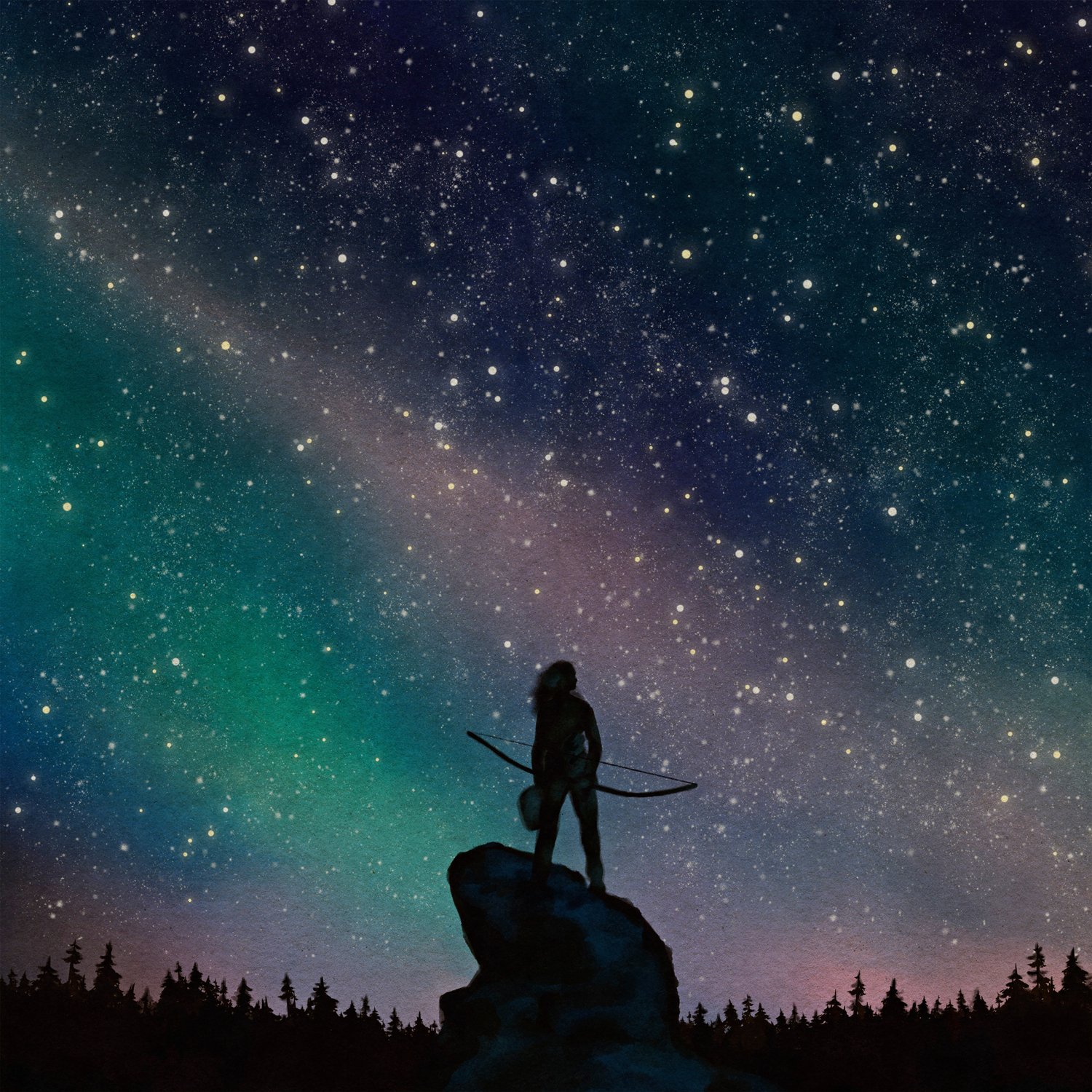 Silhouette of a person standing on a rock holding a bow, looking at a starry night sky with the Northern Lights in the background.