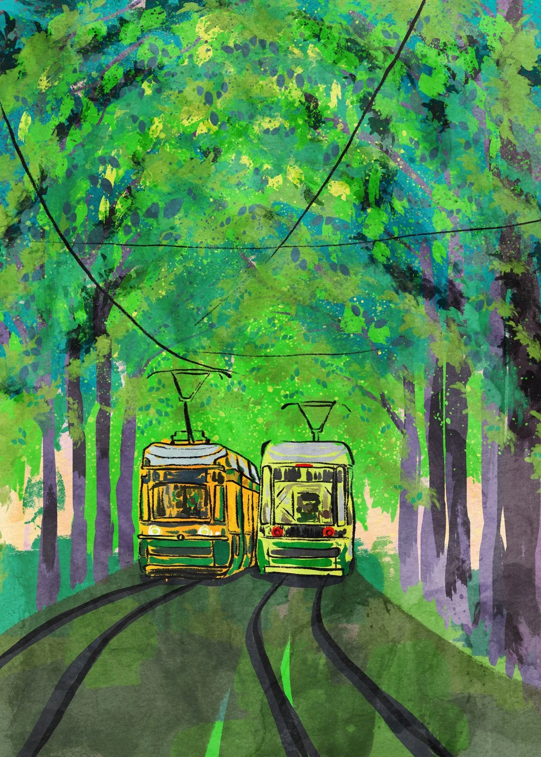 Two colorful trams traveling down a tree-lined track in a lush green forest, depicted in a vibrant, artistic style.