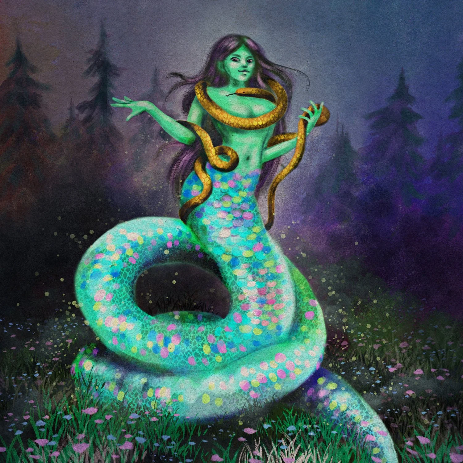 A fantasy illustration of a woman with a serpent body in a dark forest.