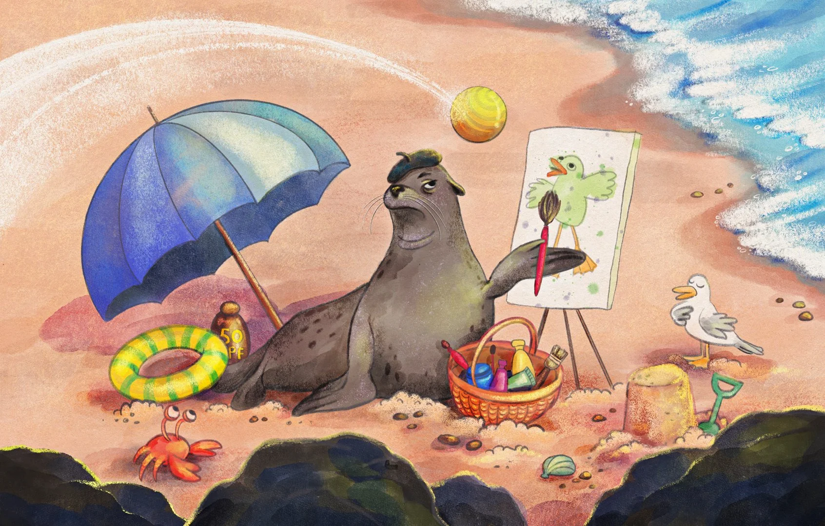 A beached seal sitting on sand, painting a picture of a duck on an easel, with a large blue and green umbrella, a lifebuoy, a bottle labeled '50 PF', and a basket of paint bottles around it. There are two seagulls nearby, one standing and the other w
