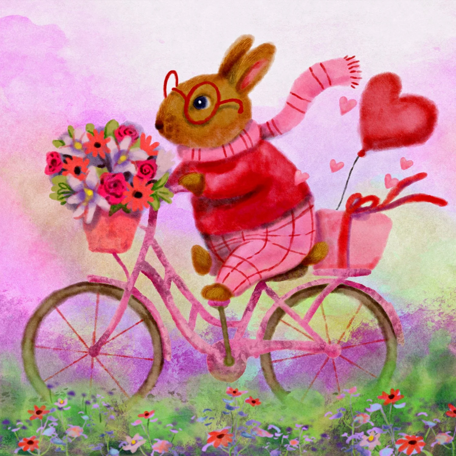 A cartoon bunny riding a pink bicycle decorated with flowers and a heart-shaped balloon, against a colorful pastel background.