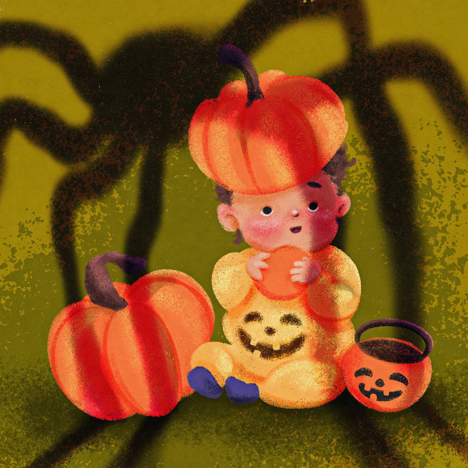 A cute cartoon baby with a pumpkin hat, sitting among Halloween pumpkins.