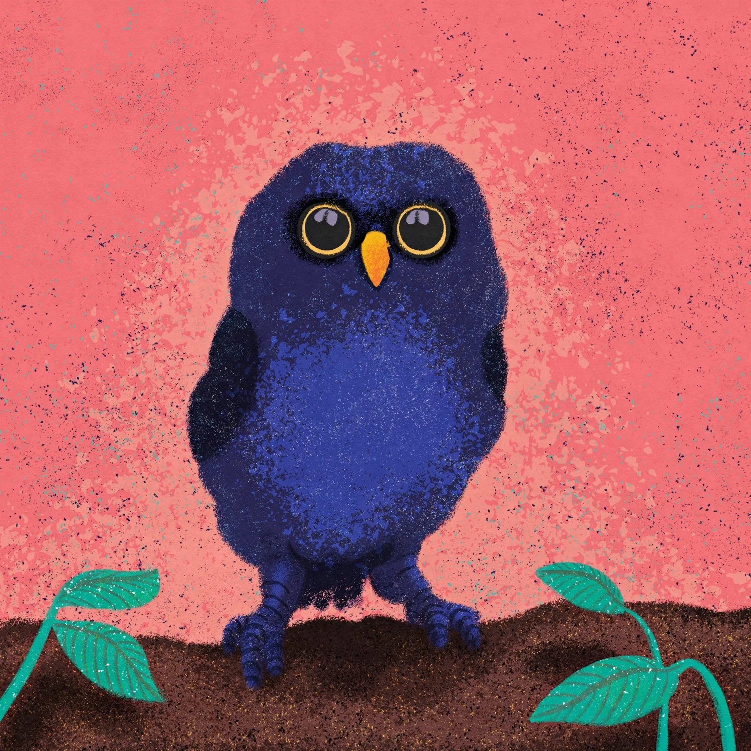 A cartoon-style illustration of a cute, round, blue owl with big, shiny eyes and a small yellow beak, standing on brown soil with two green leafy plants in the foreground, against a pink textured background.