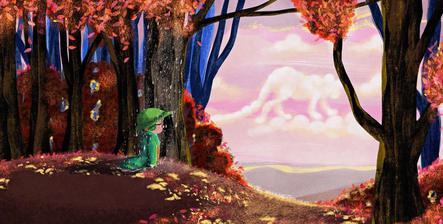 A sad boy standing by a large tree in a colorful forest during sunset, with pink and purple clouds shaped like animals in the sky.