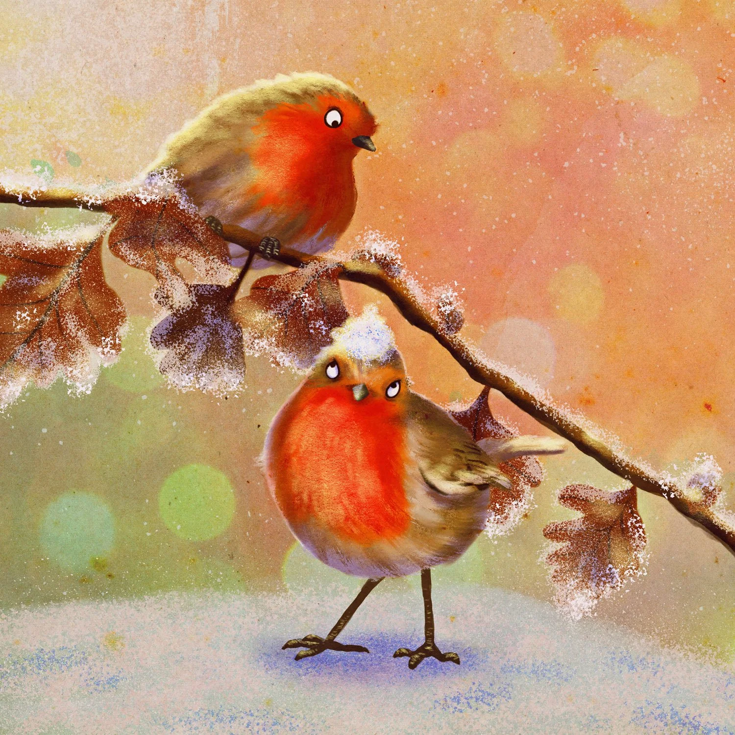 Two cartoonish birds with red and brown feathers perched on a branch with autumn leaves, set against a warm, glittery background.