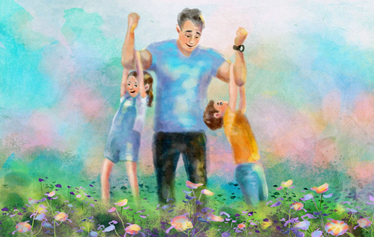 A watercolor painting of a man swinging two children by their hands in a field of purple and pink flowers, with a pastel sky in the background.