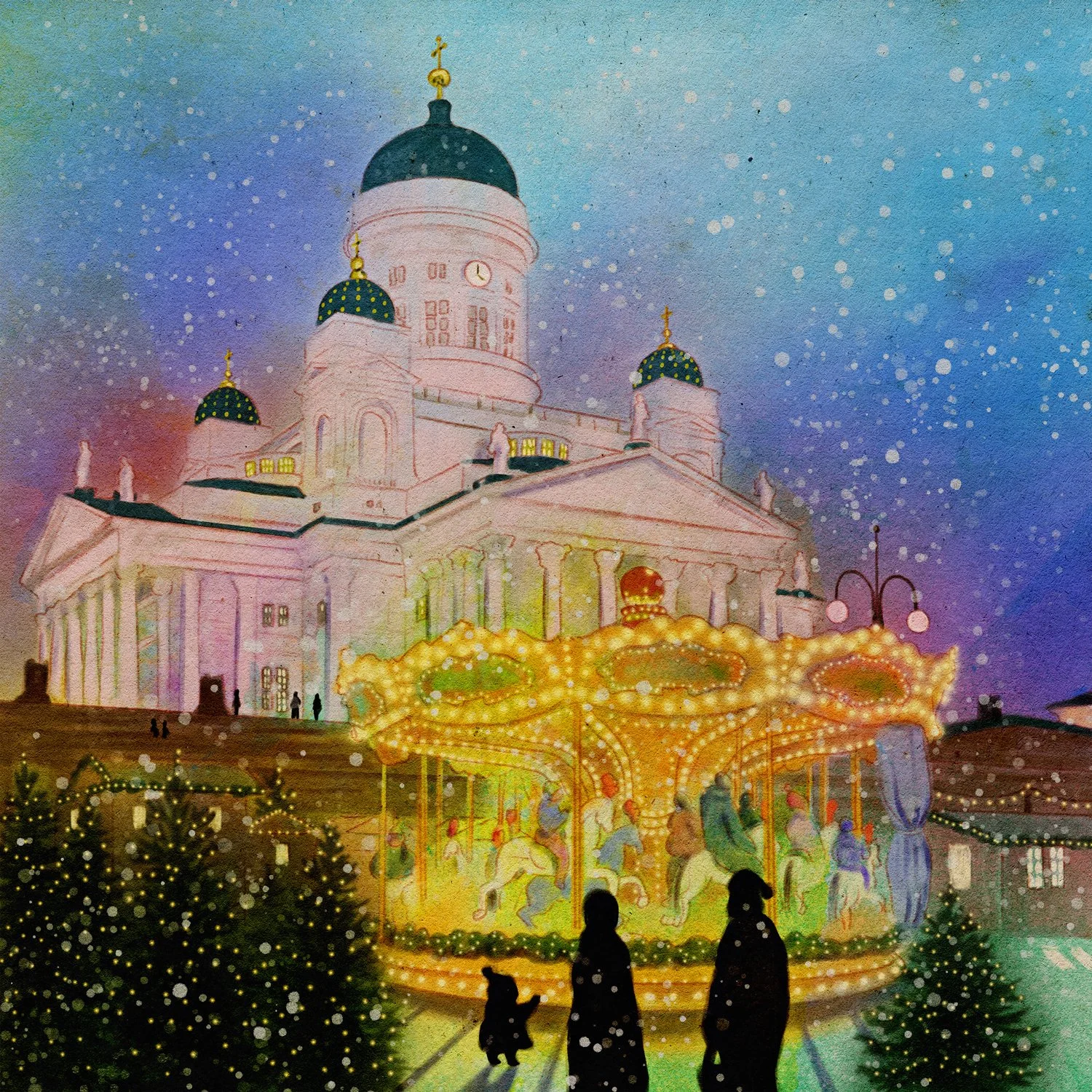 A colorful painting of a church with four green-domed roofs, a carousel with children riding horses in front, decorated with Christmas lights, and silhouettes of three people and a dog watching the scene. Snow is falling in the scene.