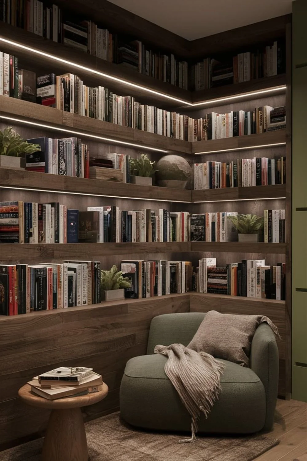 A cozy reading corner with a green armchair, a beige throw blanket, and a small wooden side table with books, in front of a wall lined with dark wood bookshelves filled with books and plants, with LED lighting.