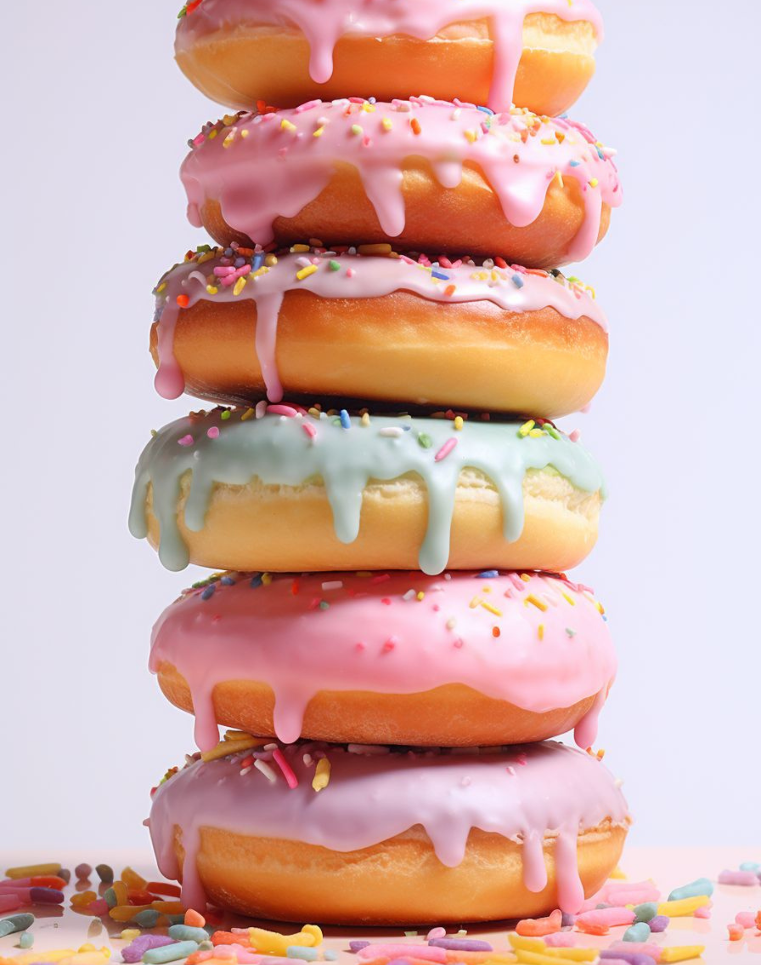 A stack of five colorful donuts with pink, white, and pastel-colored icing, topped and surrounded by multicolored sprinkles, against a light background.