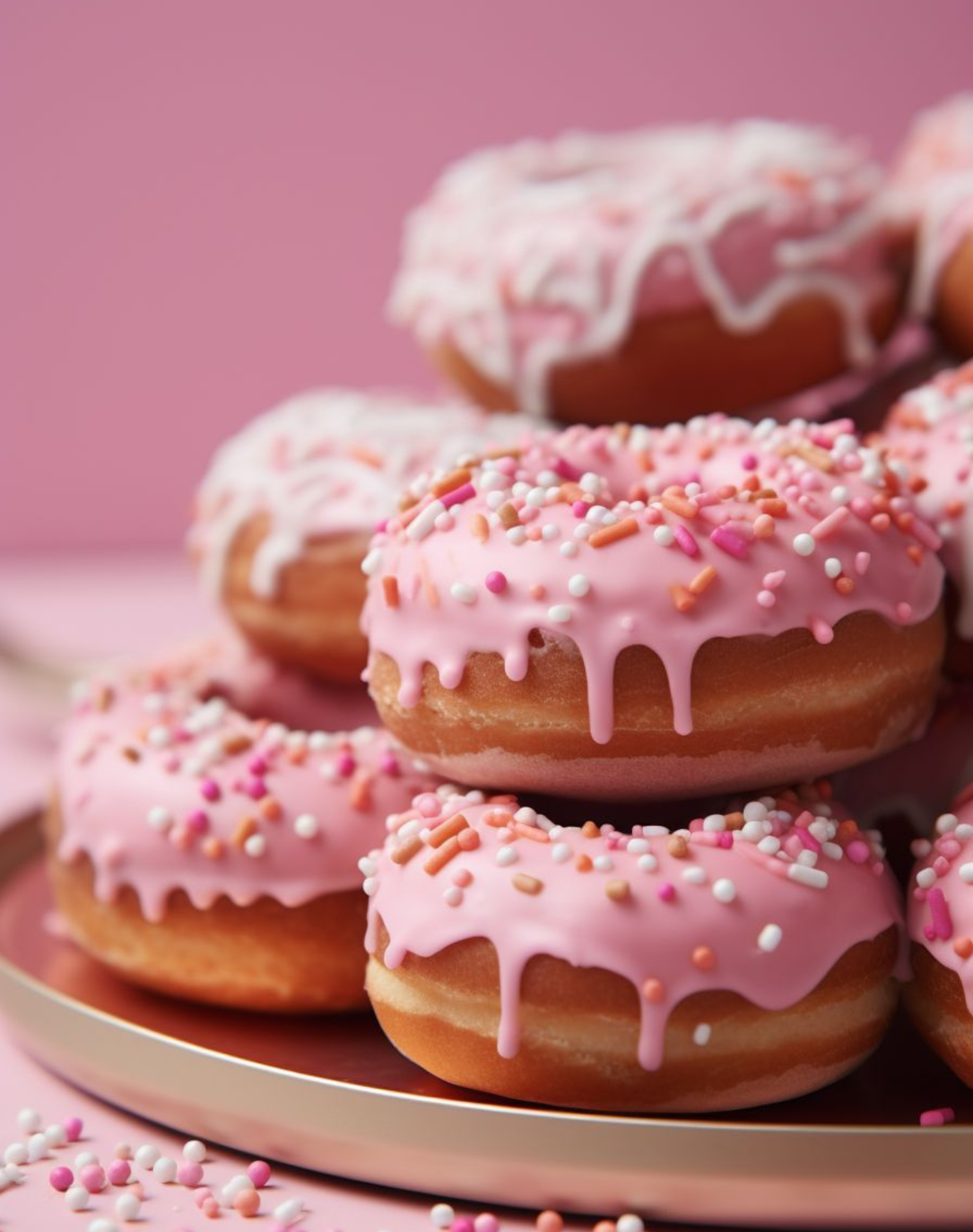 Pile of pink frosted donuts decorated with colorful sprinkles on a pink background.