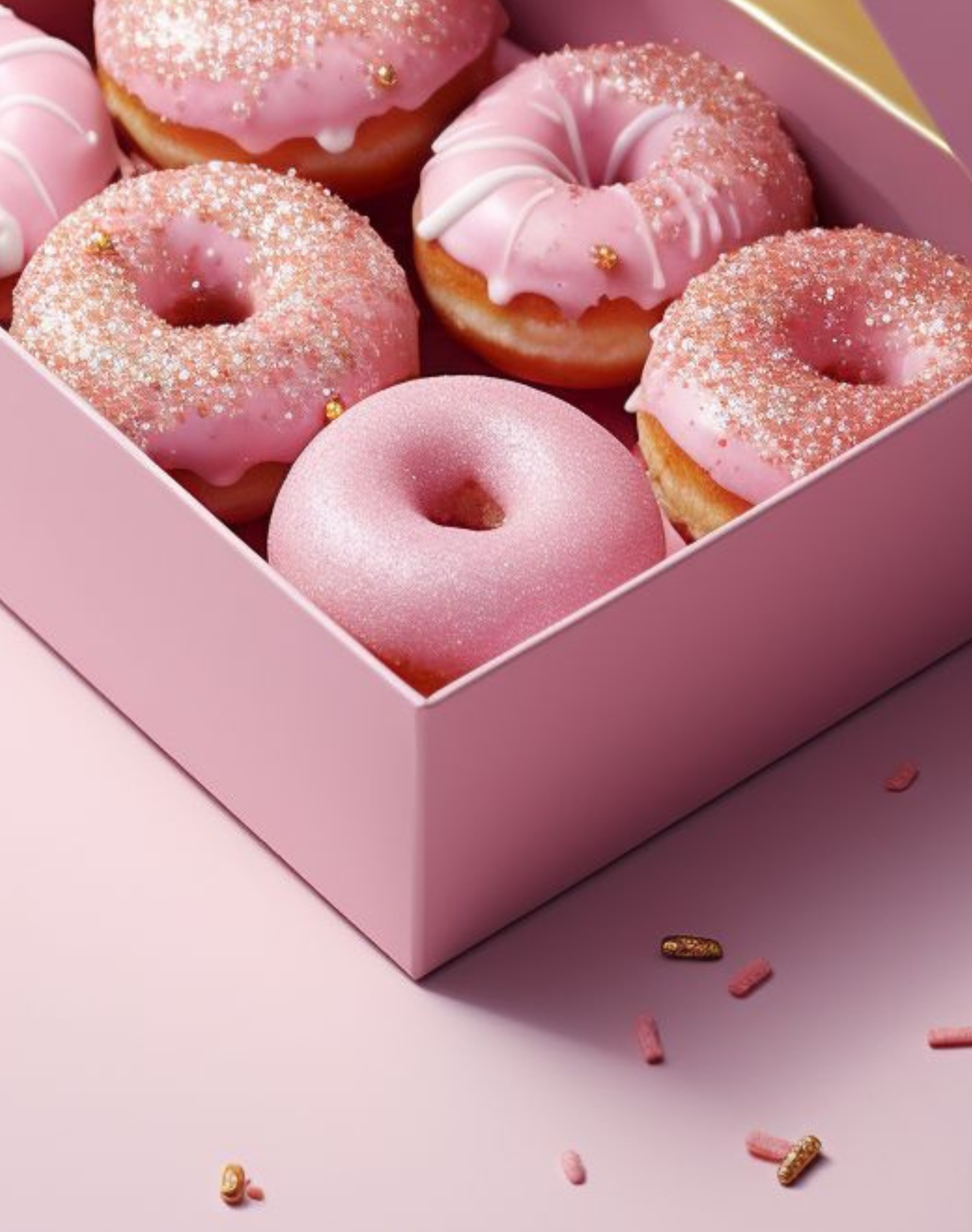 Box of six pink and white donuts with sprinkles and icing, on a pink surface with sprinkles scattered around.