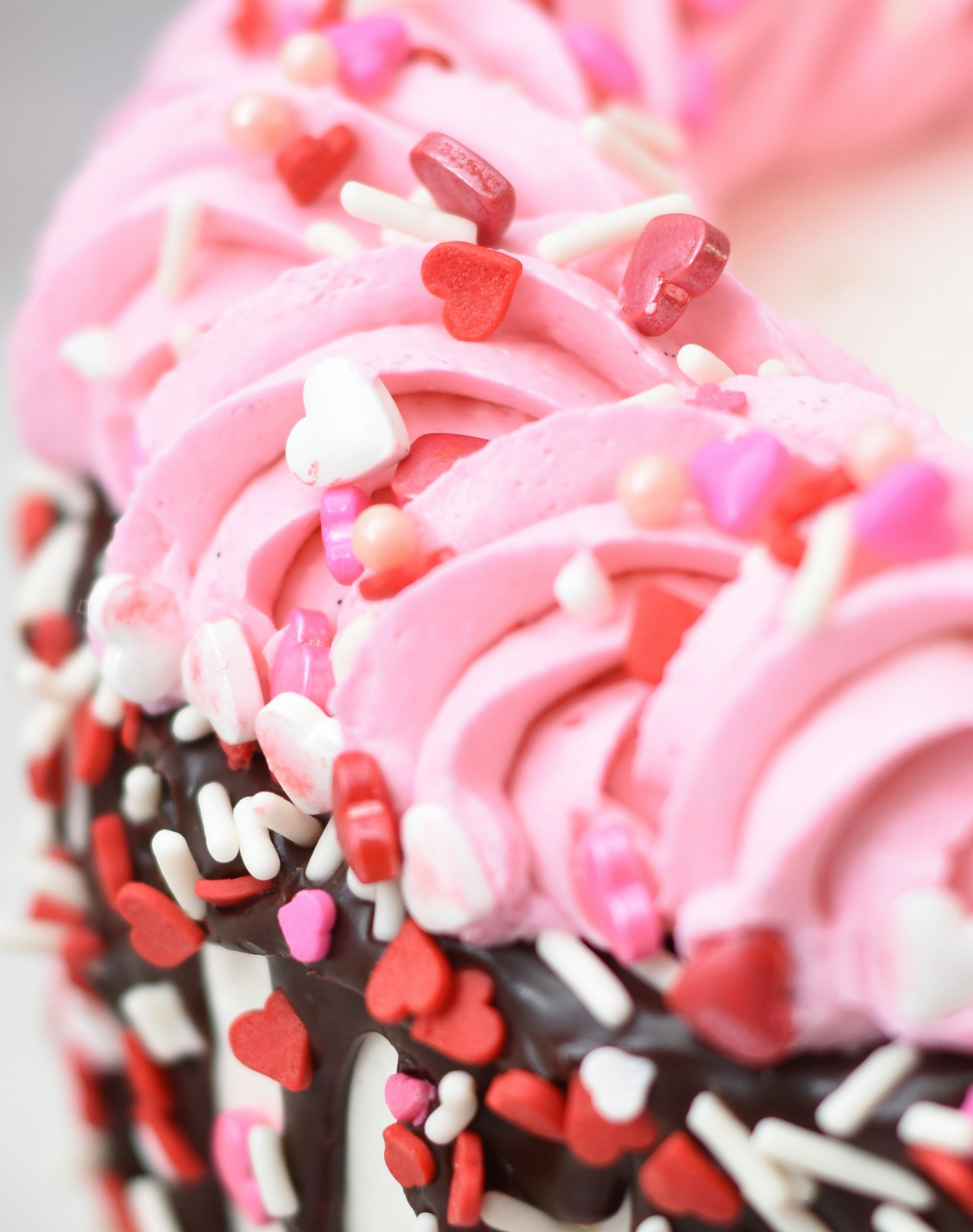 Close-up photo of a cupcake decorated with pink frosting and colorful heart-shaped and sprinkles topping.