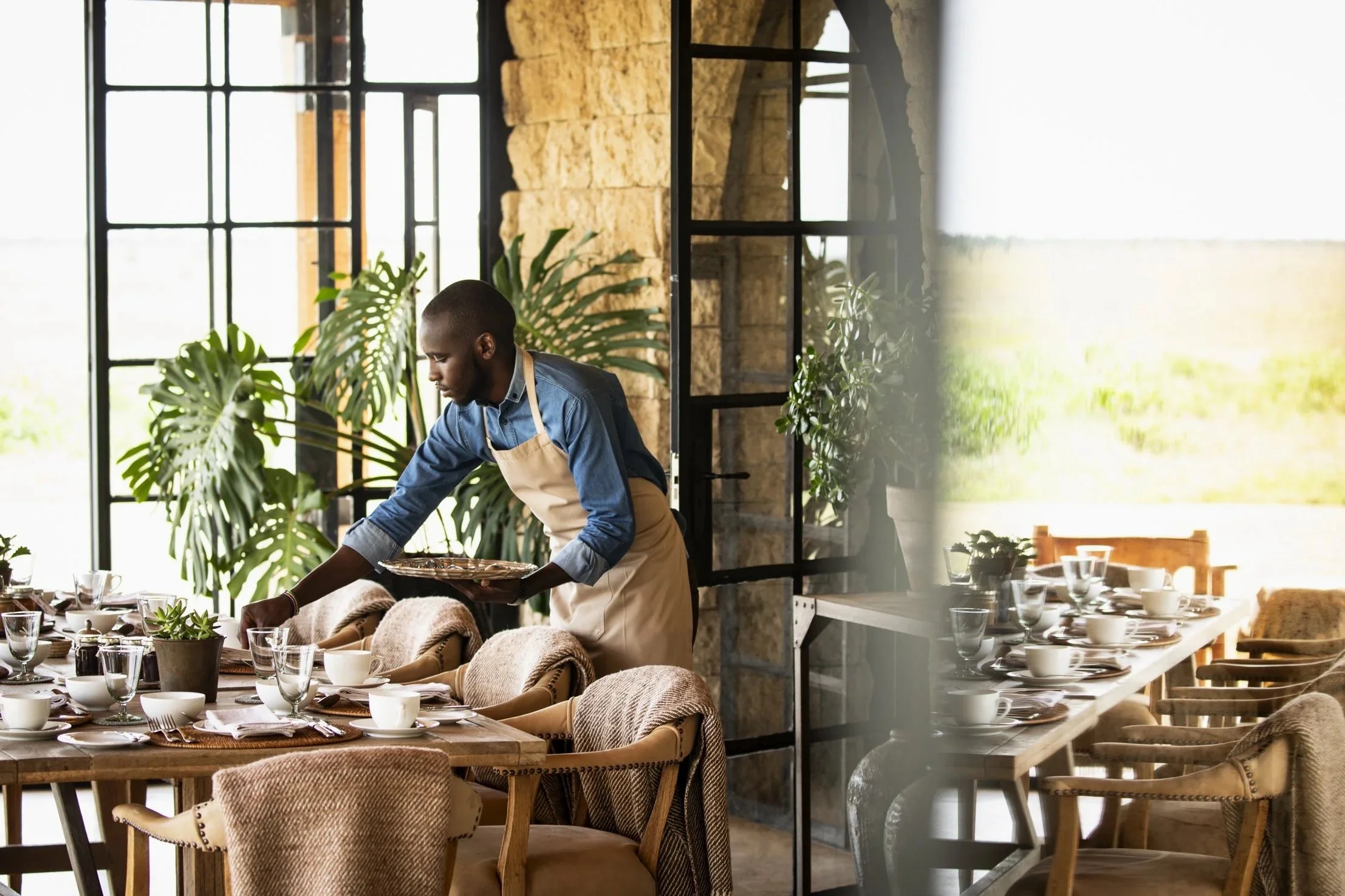 A man in a blue shirt and beige apron setting a dining table inside a well-lit room with large windows, potted plants, and rustic decor, preparing the table with glasses, plates, and cups.