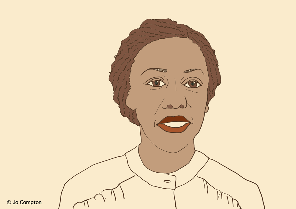 Illustration of a woman with short, curly brown hair, wearing a cream-colored blouse, against a plain background.