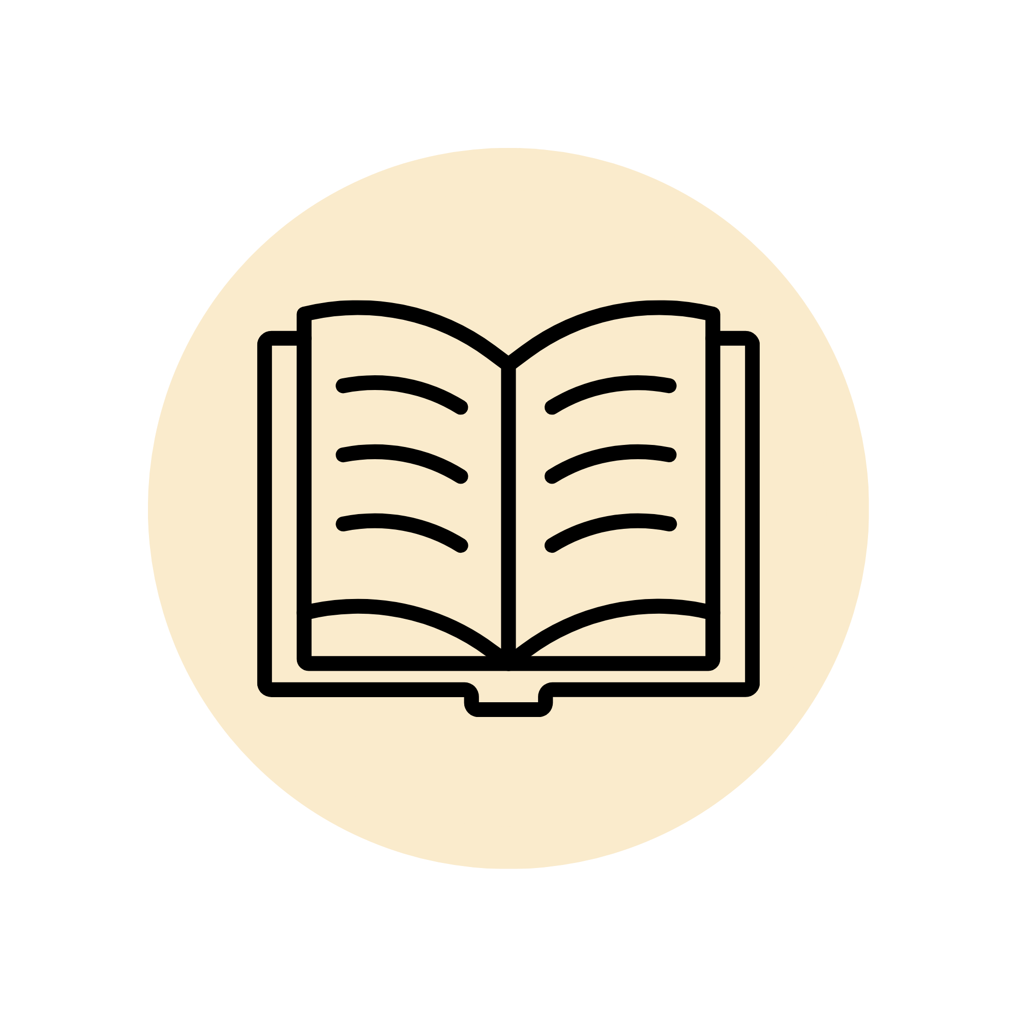 Line drawing of an open book inside a circular background.