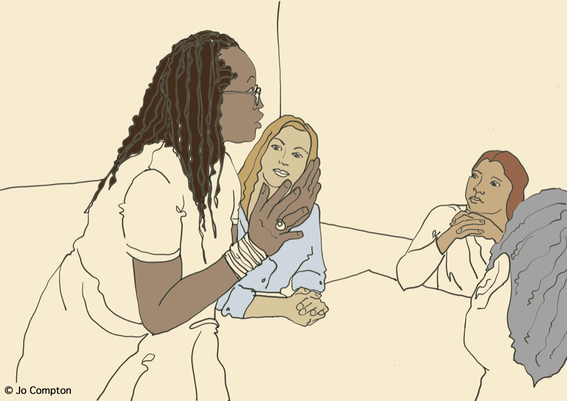 Illustration of a woman with long curly hair and glasses talking to two women sitting at a table, one with blonde hair and the other with short gray hair.